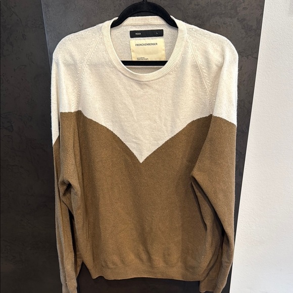 Cream and Brown Knit Crewneck Sweater with Color Block Design 100% Cashmere - Picture 1 of 5